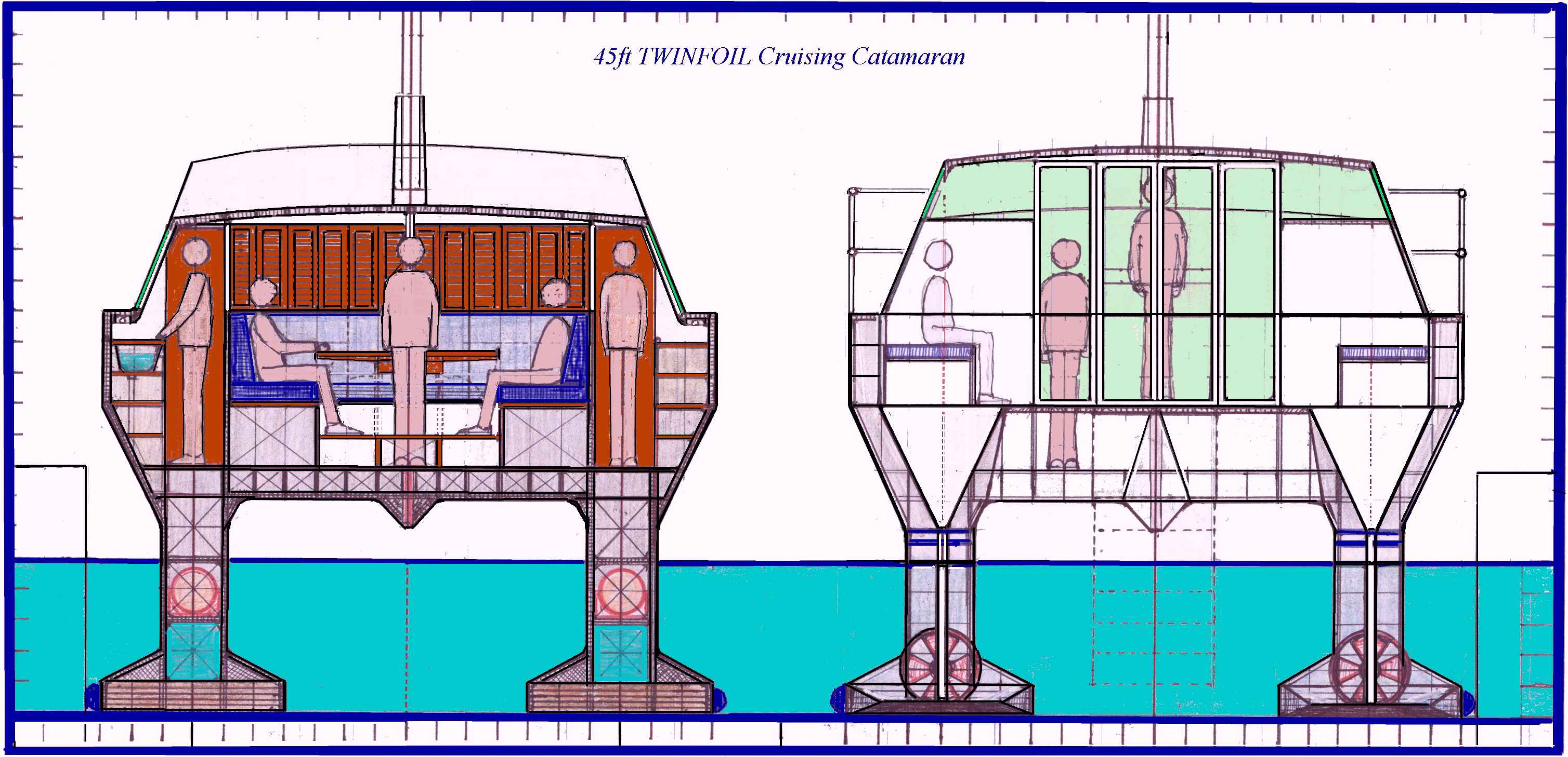 45ft TWINFOIL Cruising Catamaran x-section